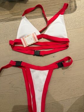 White & Red Two-Piece Strappy Bikini